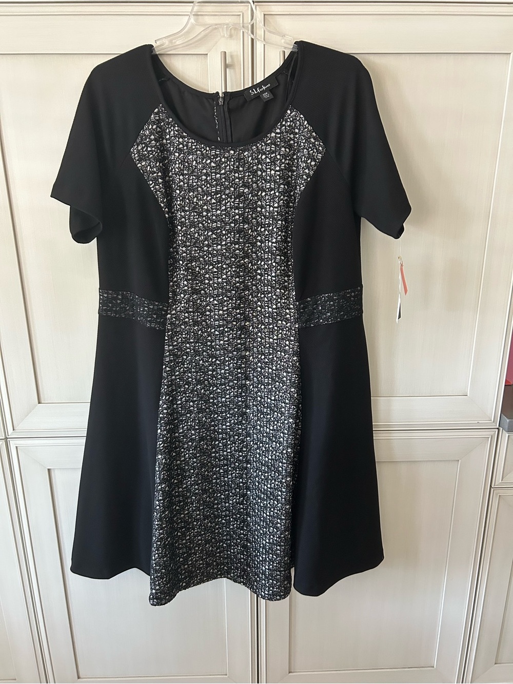 SL Fashions Black & Silver Tweed Panel Midi Dress